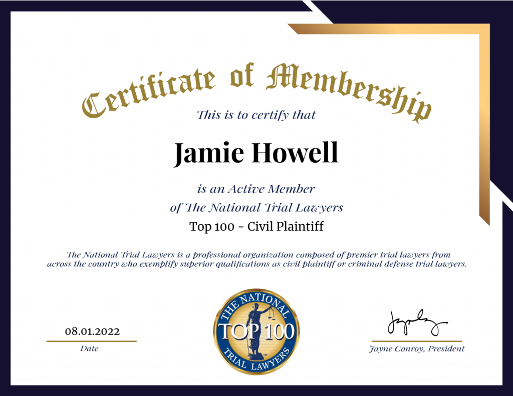 National Trial Lawyers Certificate of Membership for Jamie Howell