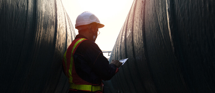 Blue collar worker wearing hard hat and reflective vest