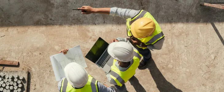 Top view, Team engineer building inspection use tablet computer and blueprint working at construction site.